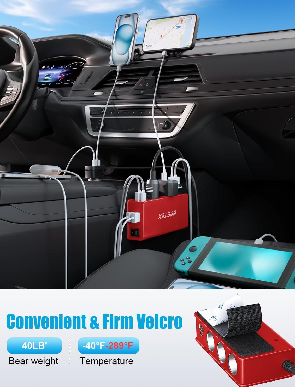 BESTEK 2.3-foot power cord reaching backseat to charge passenger devices easily