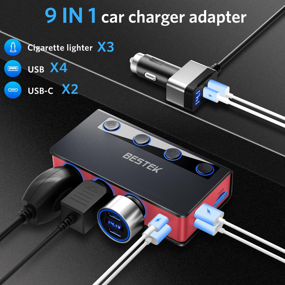 BESTEK close-up of USB-C and QC3.0 ports for fast device charging