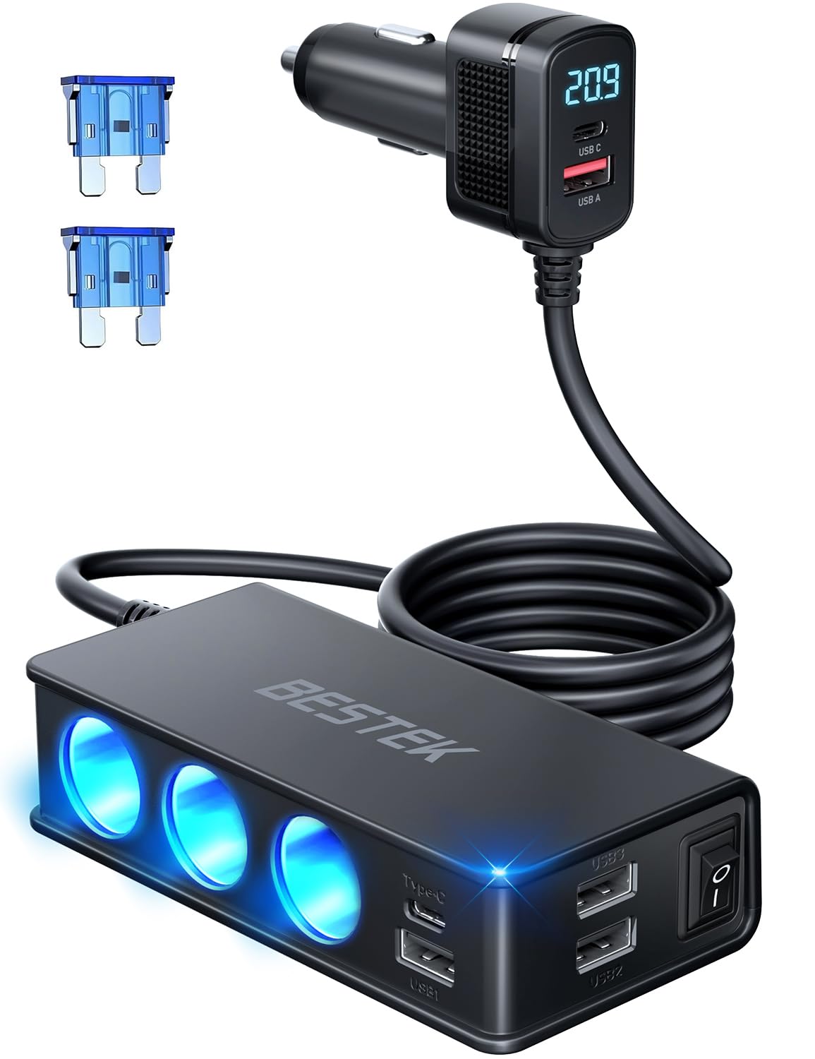 BESTEK front view showing three lighter sockets and USB ports for versatile charging