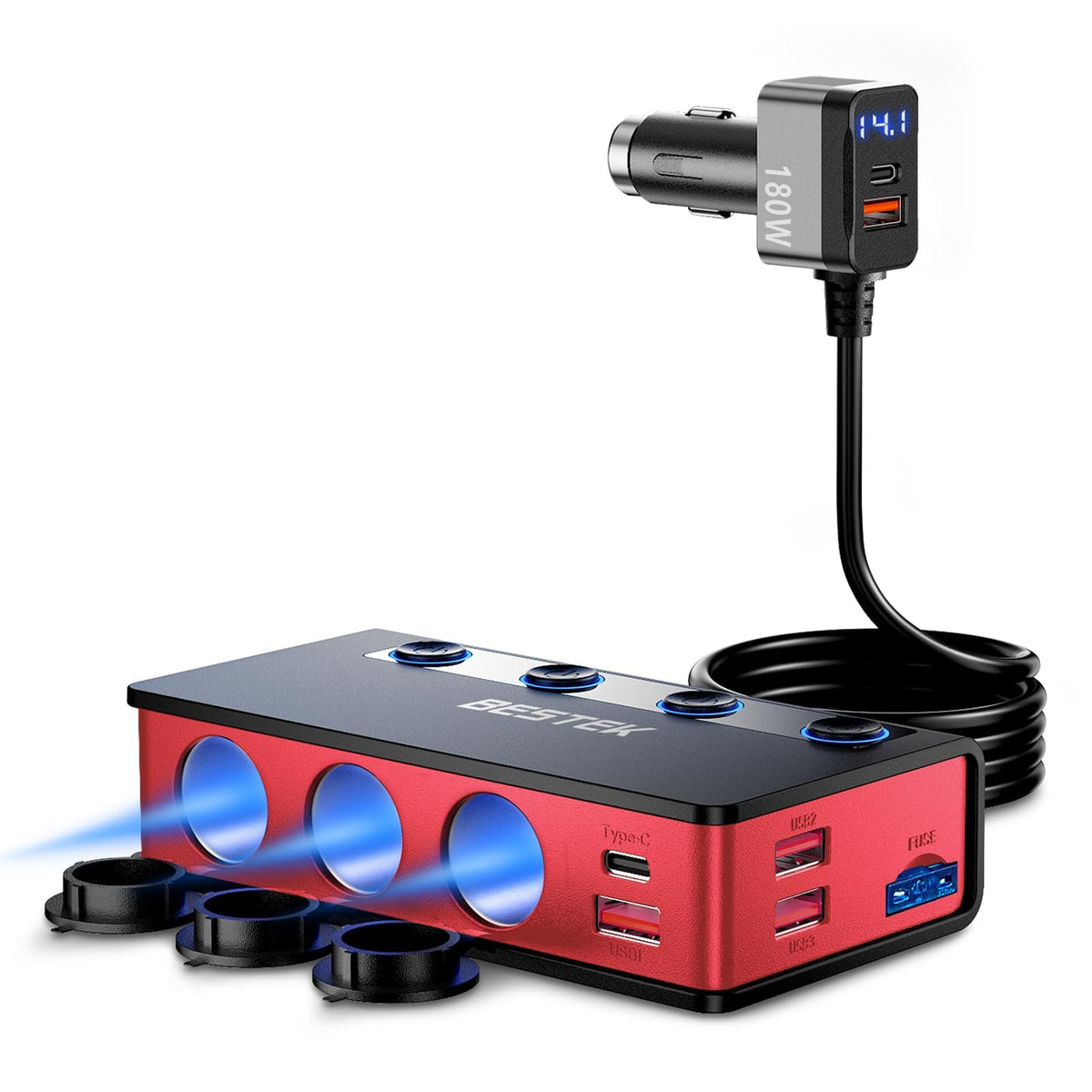 BESTEK front view showing all sockets and ports for versatile charging