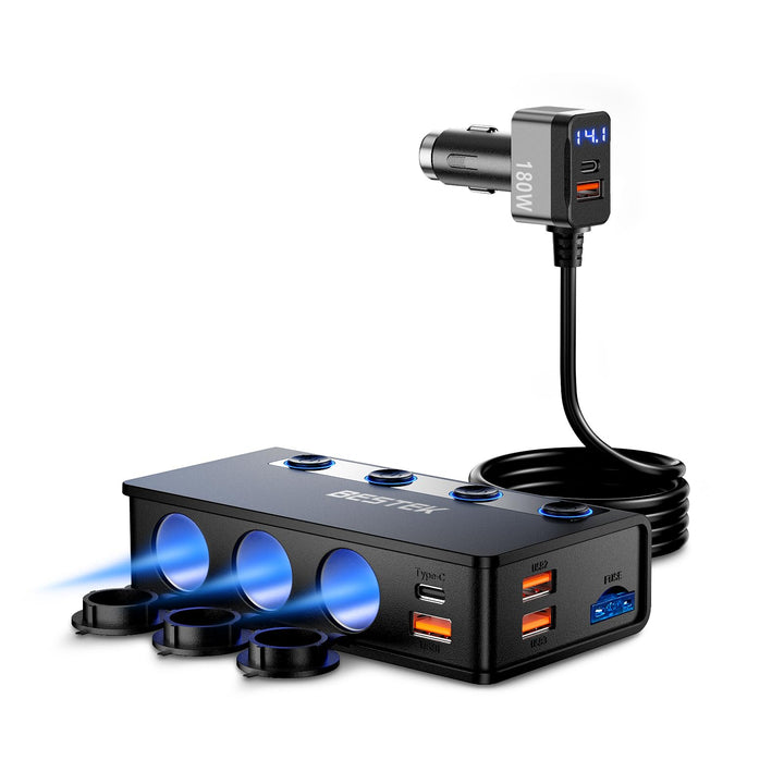 BESTEK front view splitter showing three cigarette sockets and USB ports for multi-device charging