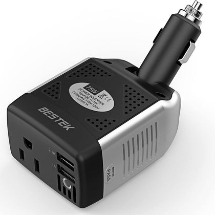 BESTEK front view of inverter showing AC outlet and USB ports for portable power