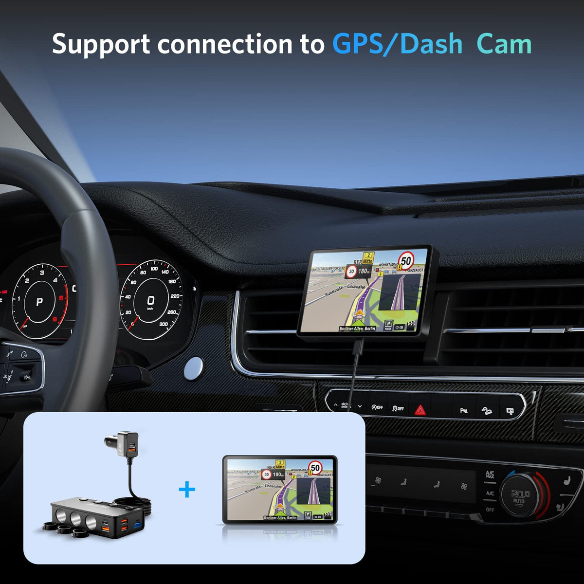 BESTEK in use in vehicle powering dash cam and phone for organized charging on the road
