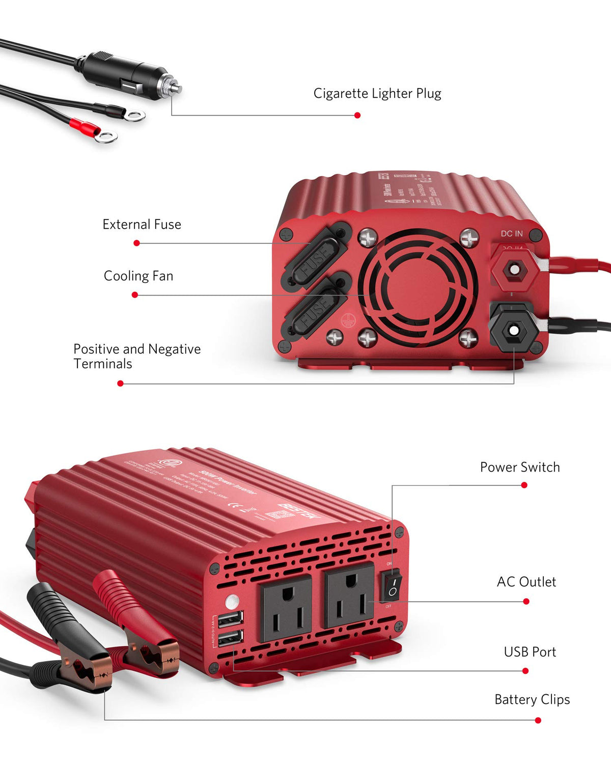BESTEK inverter cooling fan close-up showing quiet thermal protection benefit
