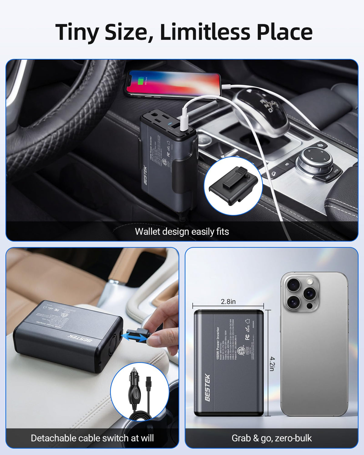 BESTEK inverter placed in center console providing convenient power access