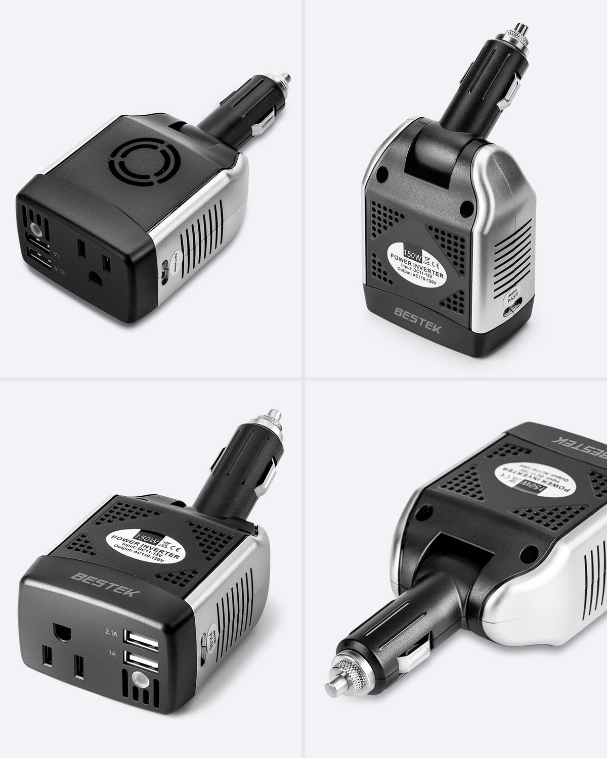 BESTEK inverter plugged into car dashboard providing on-the-go power