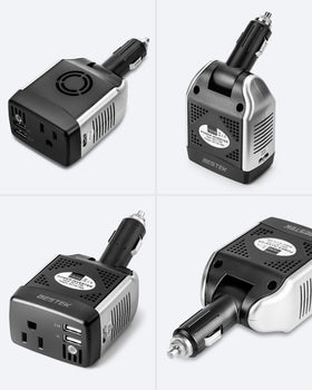 BESTEK inverter plugged into car dashboard providing on-the-go power