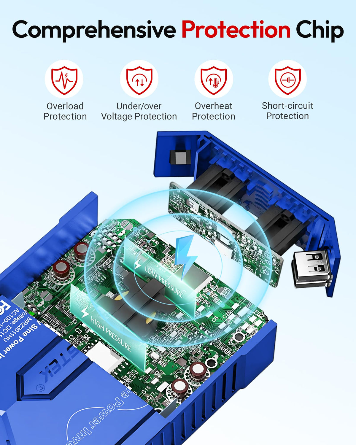 BESTEK inverter held in hand showing compact size and travel-friendly design