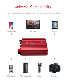 BESTEK inverter beside a water bottle showing compact size and portability benefit