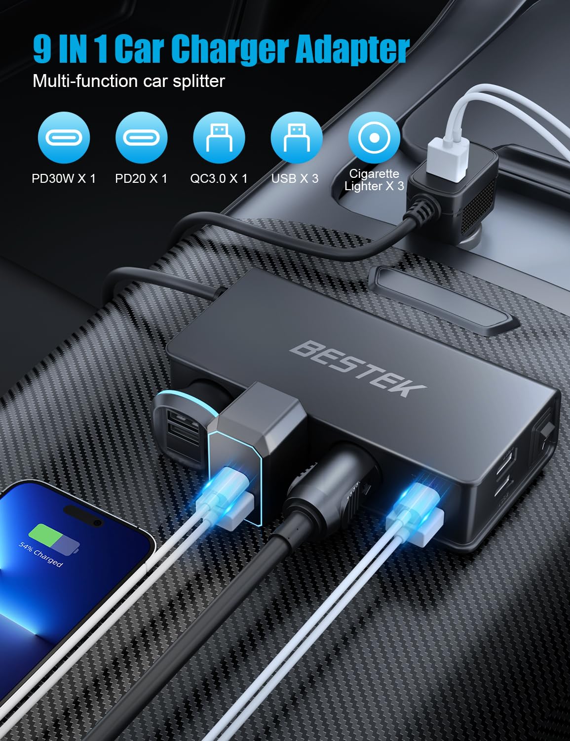 BESTEK LED display closeup showing battery voltage for safer driving