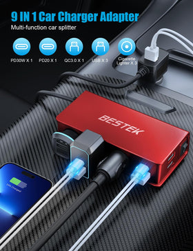 BESTEK LED voltage display closeup showing real-time battery monitoring benefit