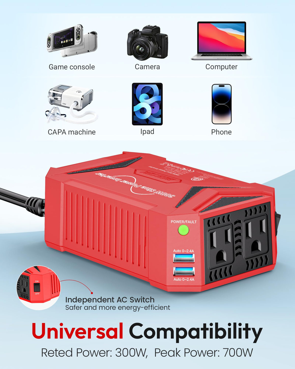 BESTEK inverter next to smartphone showing compact size for easy storage and travel portability