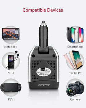 BESTEK inverter held in hand to show compact size and travel convenience