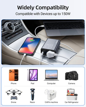 BESTEK size comparison with phone and laptop highlighting compact portability