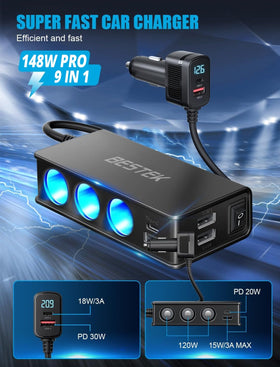 BESTEK top view of PD30W and four QC3.0 USB ports enabling rapid charging