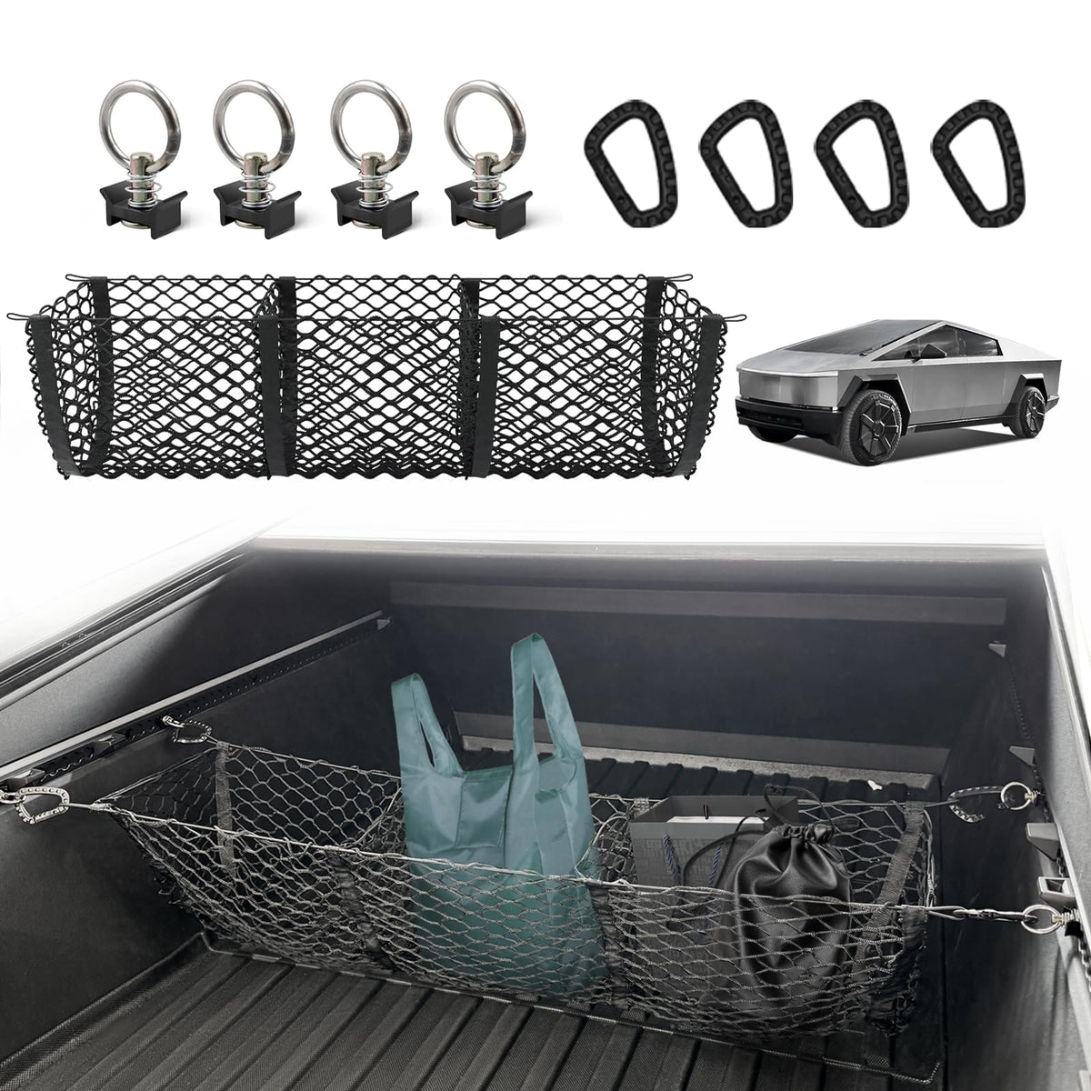 BestEvMod front view of cargo net showing clean Cybertruck fit and organized storage