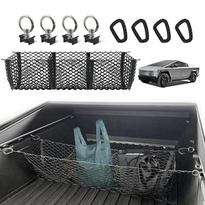 BestEvMod front view of cargo net showing clean Cybertruck fit and organized storage