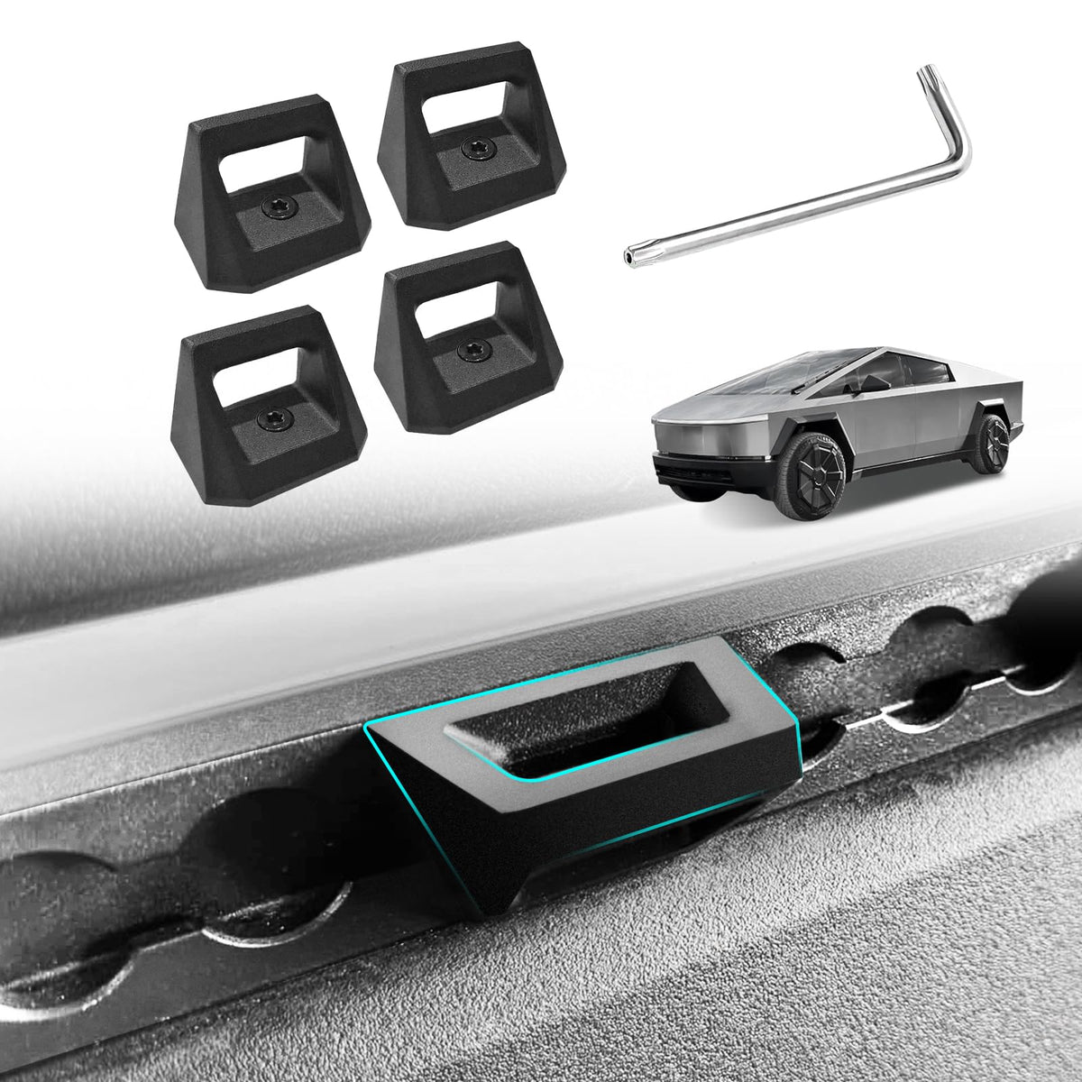 BestEvMod front packaging showing four Cybertruck rail hooks and included screwdriver for easy installation