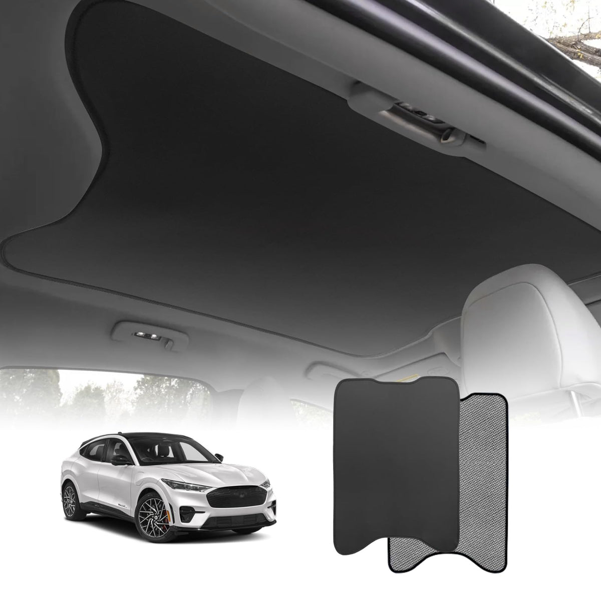 BestEvMod front view installed on Mach-E sunroof, reduces cabin heat