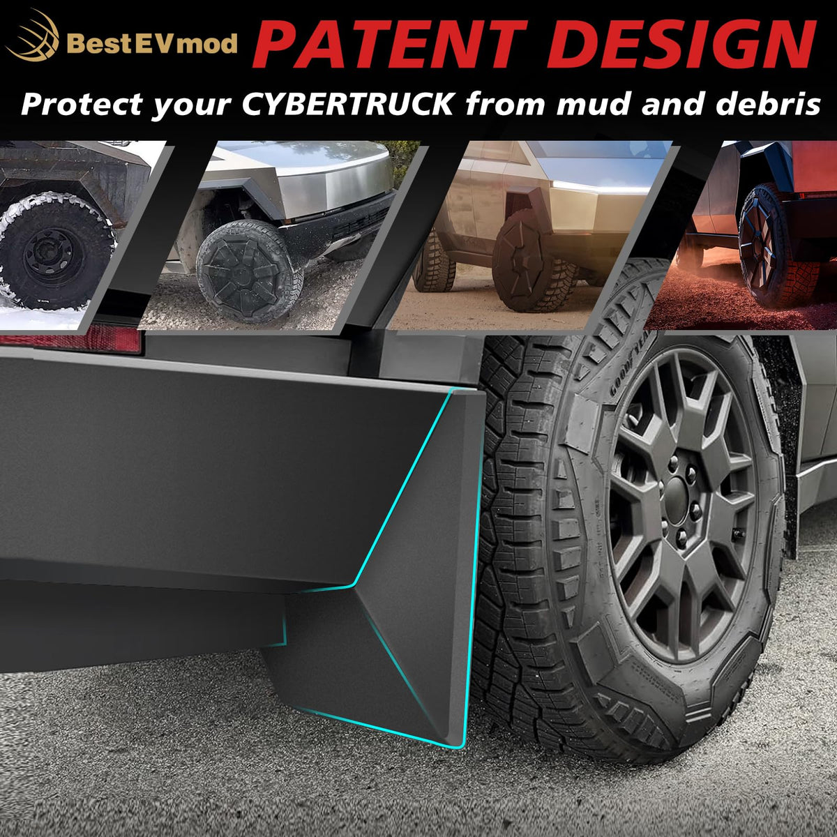 BestEvMod installed on Cybertruck side profile showing spray diversion benefit