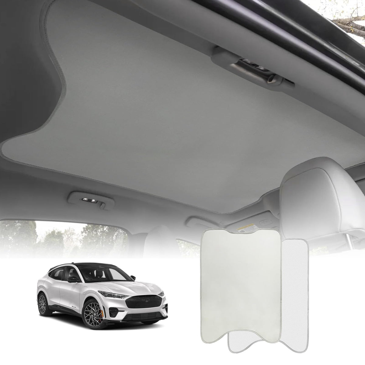 BestEvMod front view of gray sunshade showing precise Mach-E fit and heat reduction
