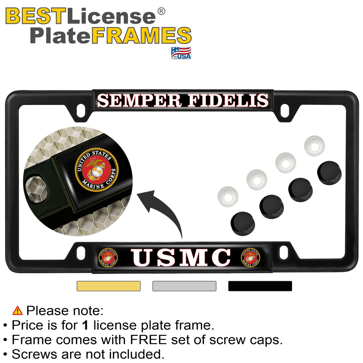 BestLicensePlateFrames close-up of Semper Fidelis artwork under a protective clear dome for lasting color