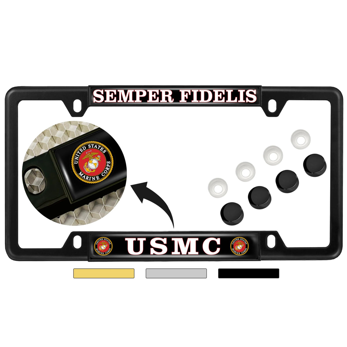 BestLicensePlateFrames USMC front view showing bold Semper Fidelis logo and clean black finish