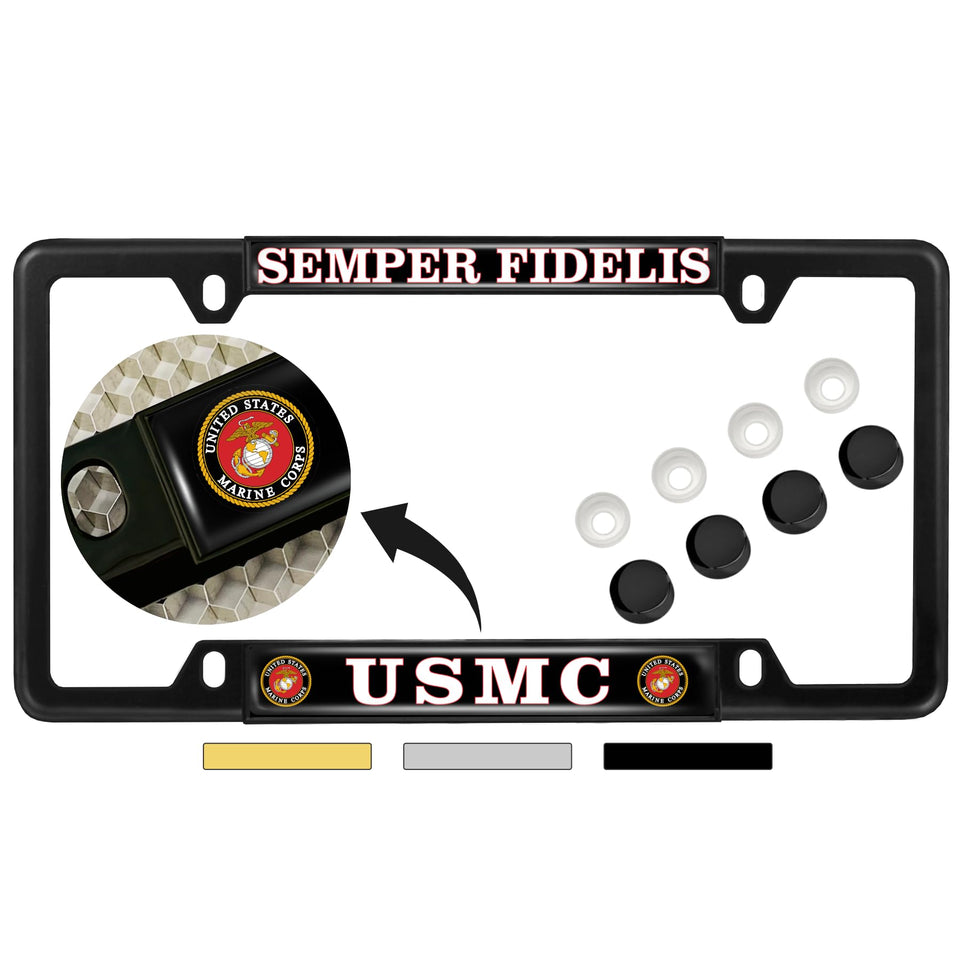 BestLicensePlateFrames USMC front view showing bold Semper Fidelis logo and clean black finish