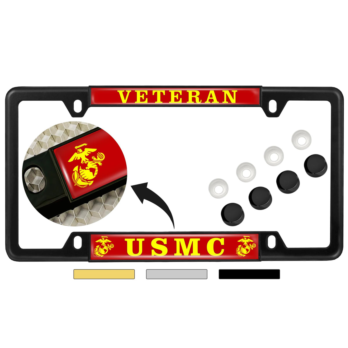 BestLicensePlateFrames front view showing black USMC EGA emblem and clean finish