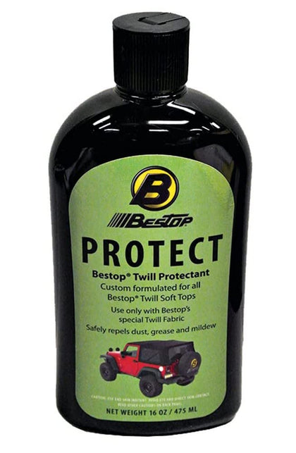 Bestop 16oz bottle front label showing protectant and fabric restoration benefits