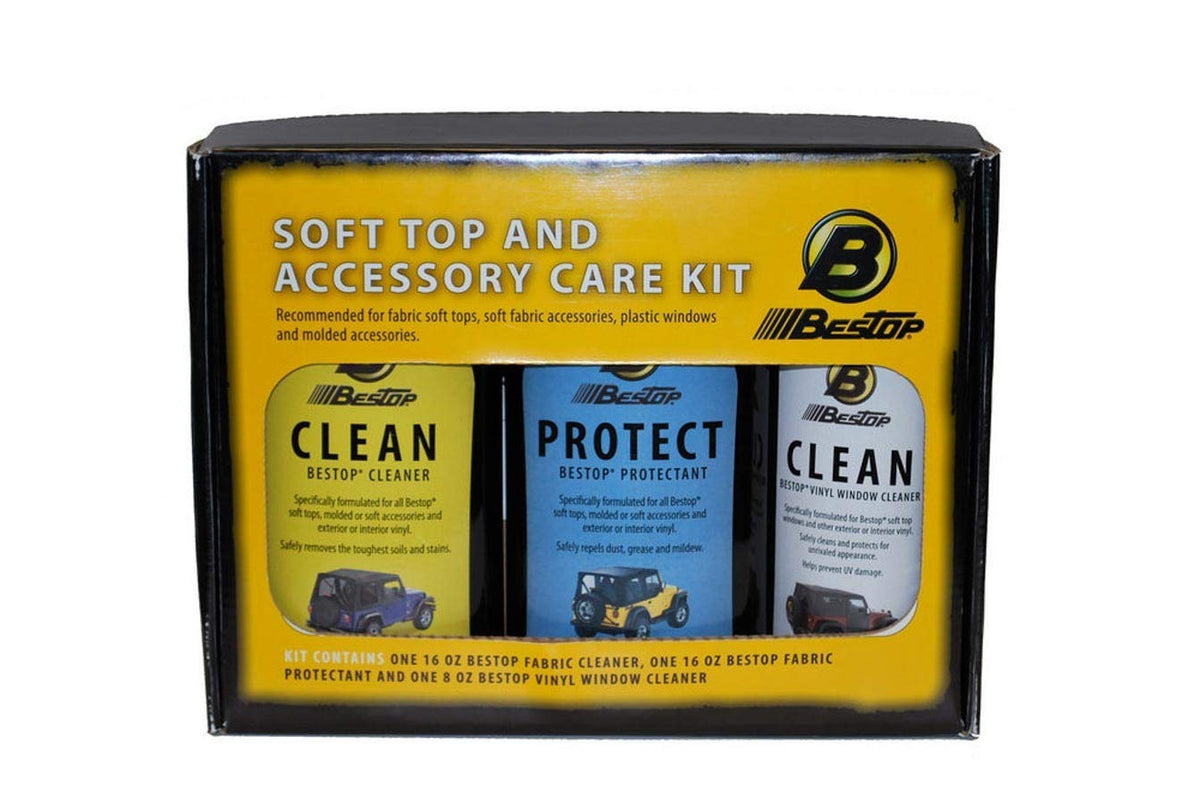 Bestop kit front view showing bottles and benefits like cleaner and protectant