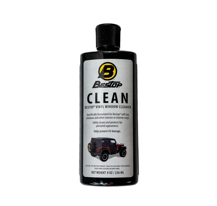 Bestop front label showing bottle and clear benefit of safe vinyl cleaning