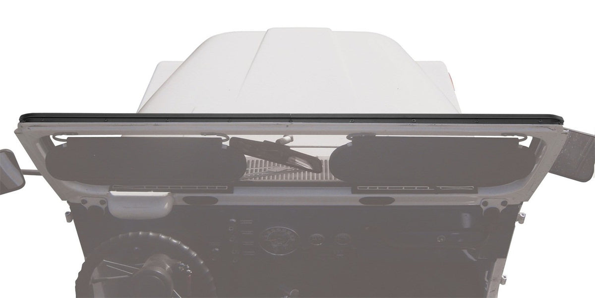 Bestop windshield channel front view mounted on Jeep CJ7 showing secure fit and clean finish