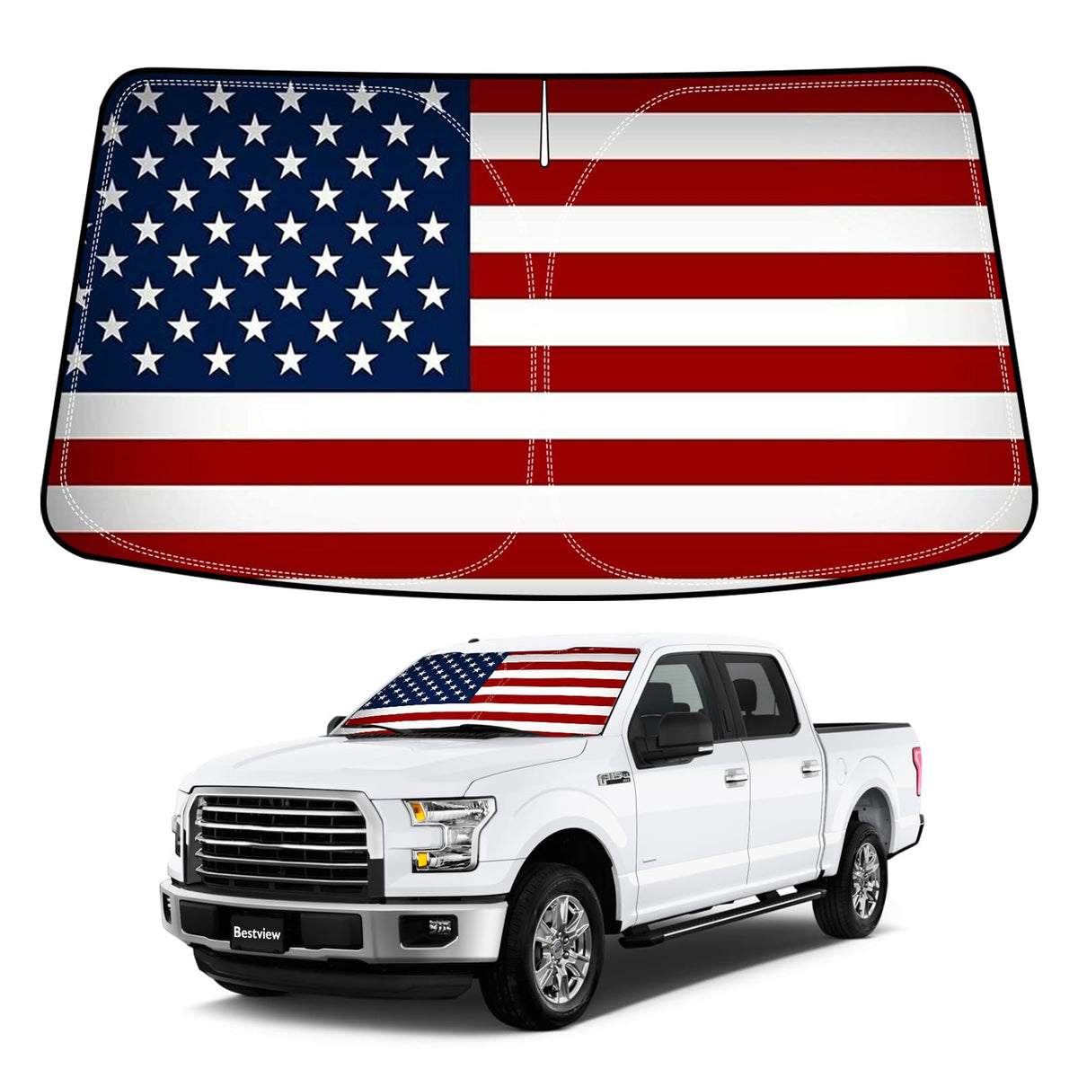 Bestview front view showing custom fit on Ford F150 windshield and heat protection