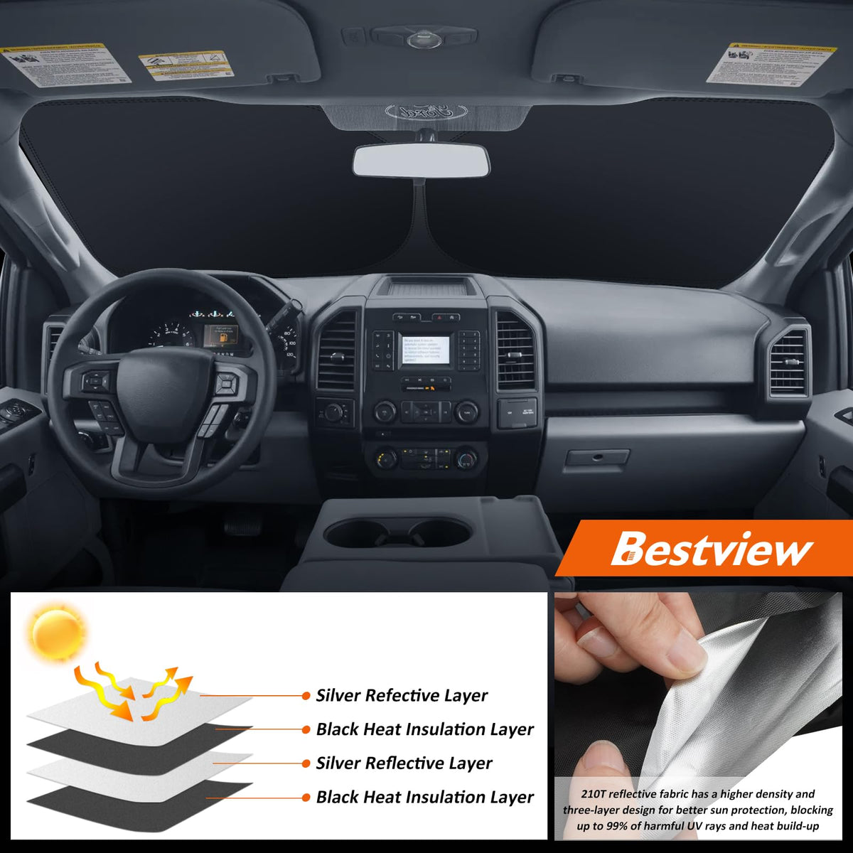 Bestview shade beside steering wheel for scale demonstrating exact fit