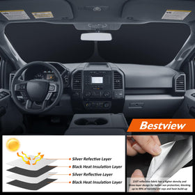 Bestview shade beside steering wheel for scale demonstrating exact fit