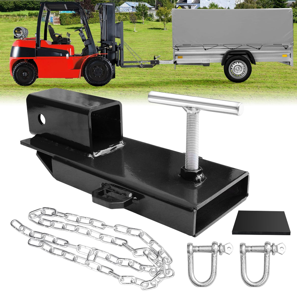 BESTZHEYU front view of forklift hitch showing receiver and secure fit benefit