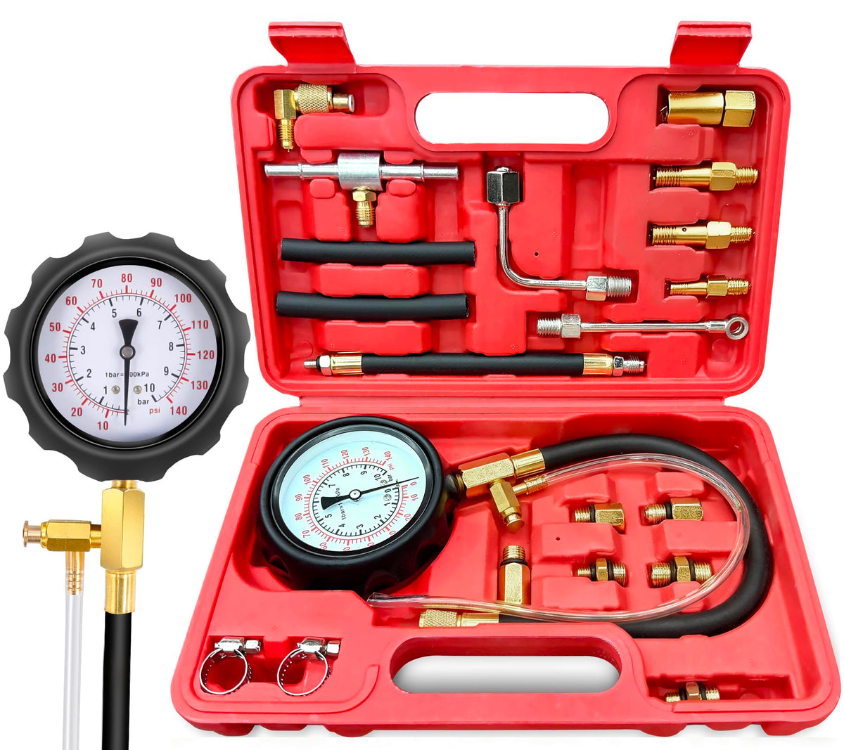 BETOOLL front view of gauge and hoses showing full kit and portability