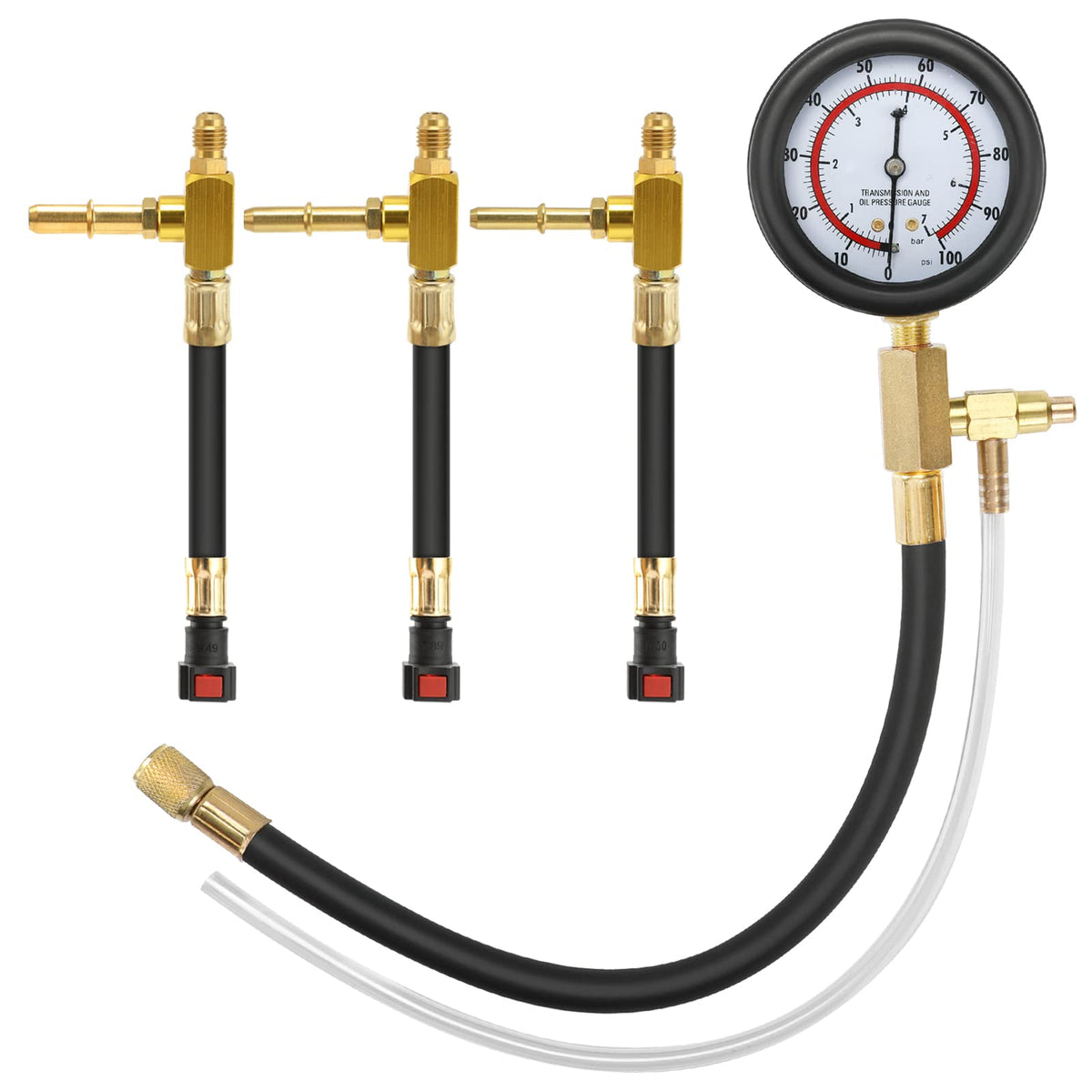 BETOOLL front view of gauge and three adapters showing kit readiness