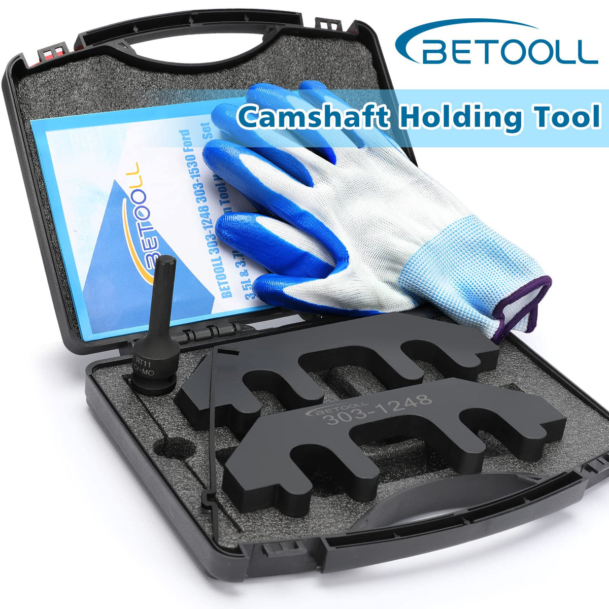 BETOOLL tool installed in engine holding camshaft at TDC to prevent rotation