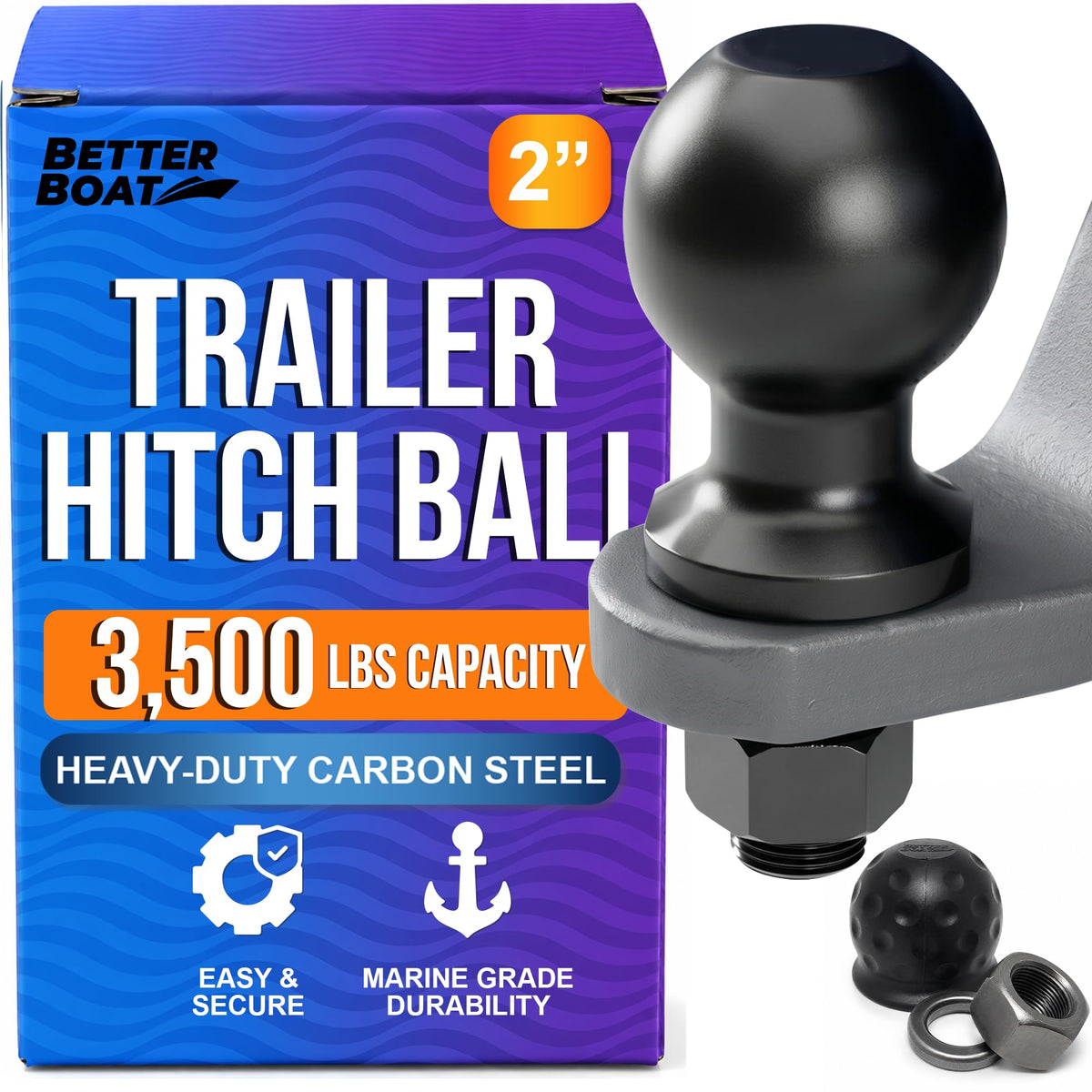 Better Boat front view of 2 inch hitch ball showing durable finish and shape for reliable towing