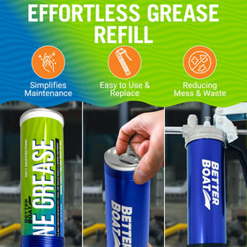 Better Boat cartridge loaded in a grease gun for quick, clean application