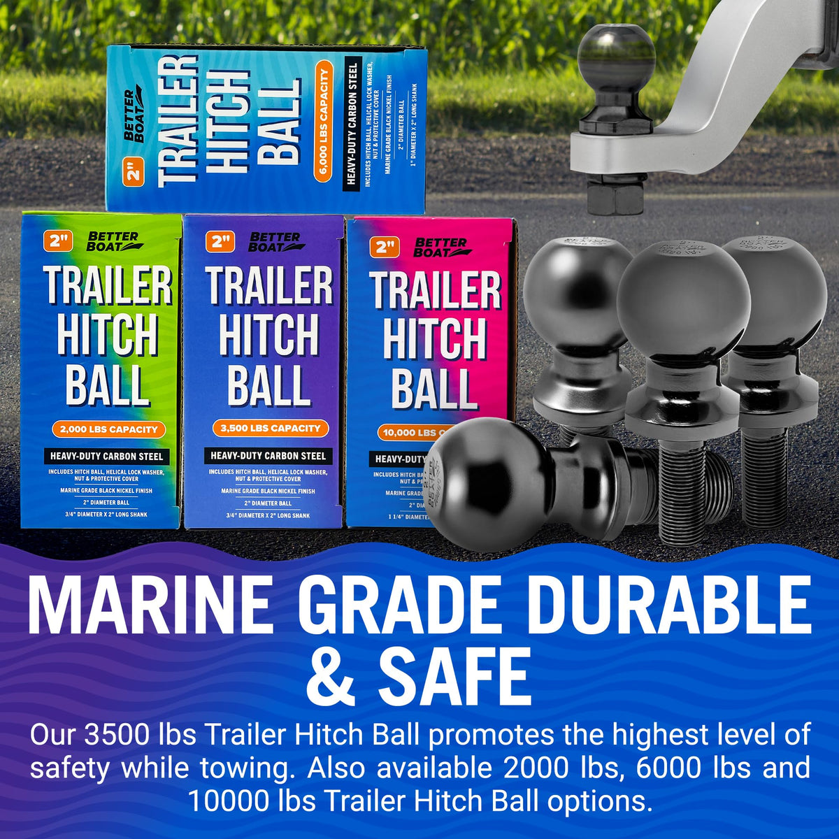 Better Boat hitch ball installed on ball mount demonstrating ready-to-tow setup and stability