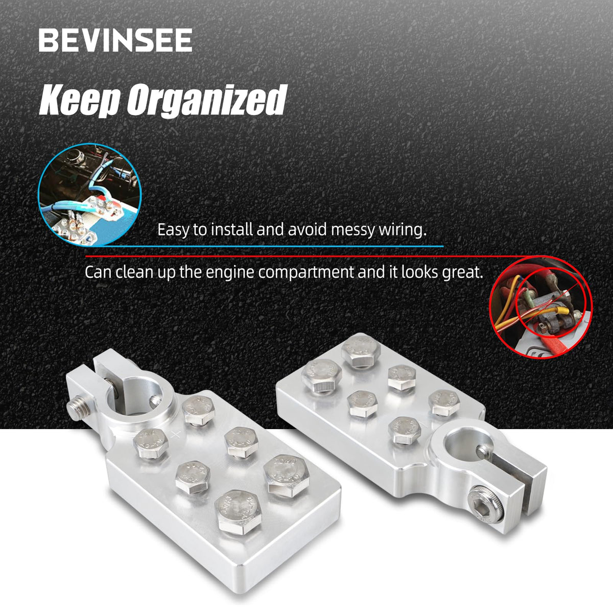 Bevinsee side profile on battery post showing secure fit and vibration resistance benefit
