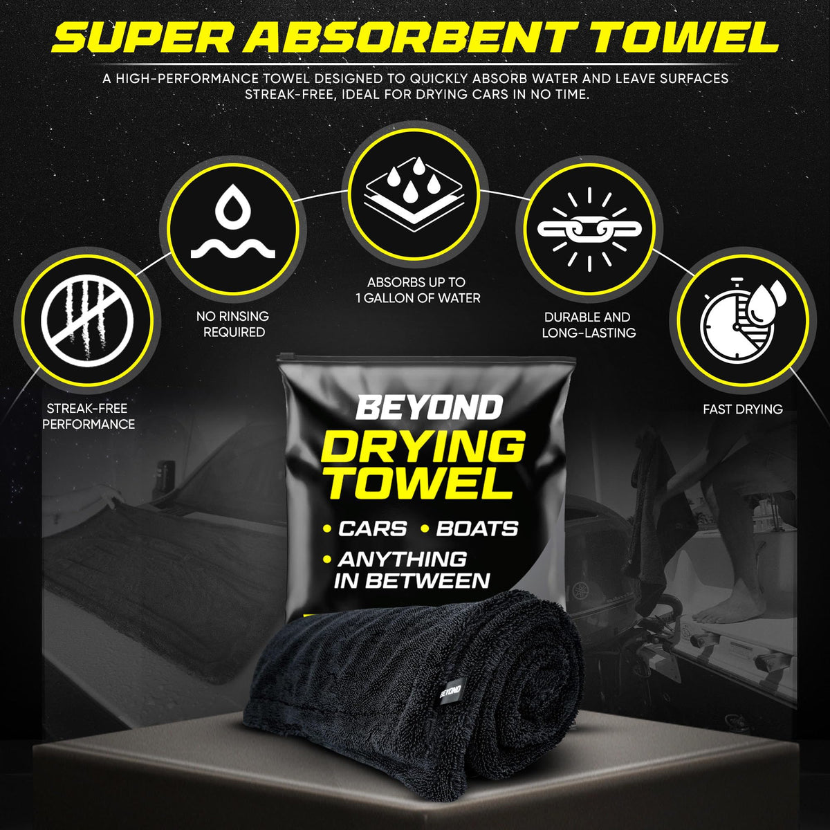 Beyond Braid towel in use on car roof drying quickly for streak-free results