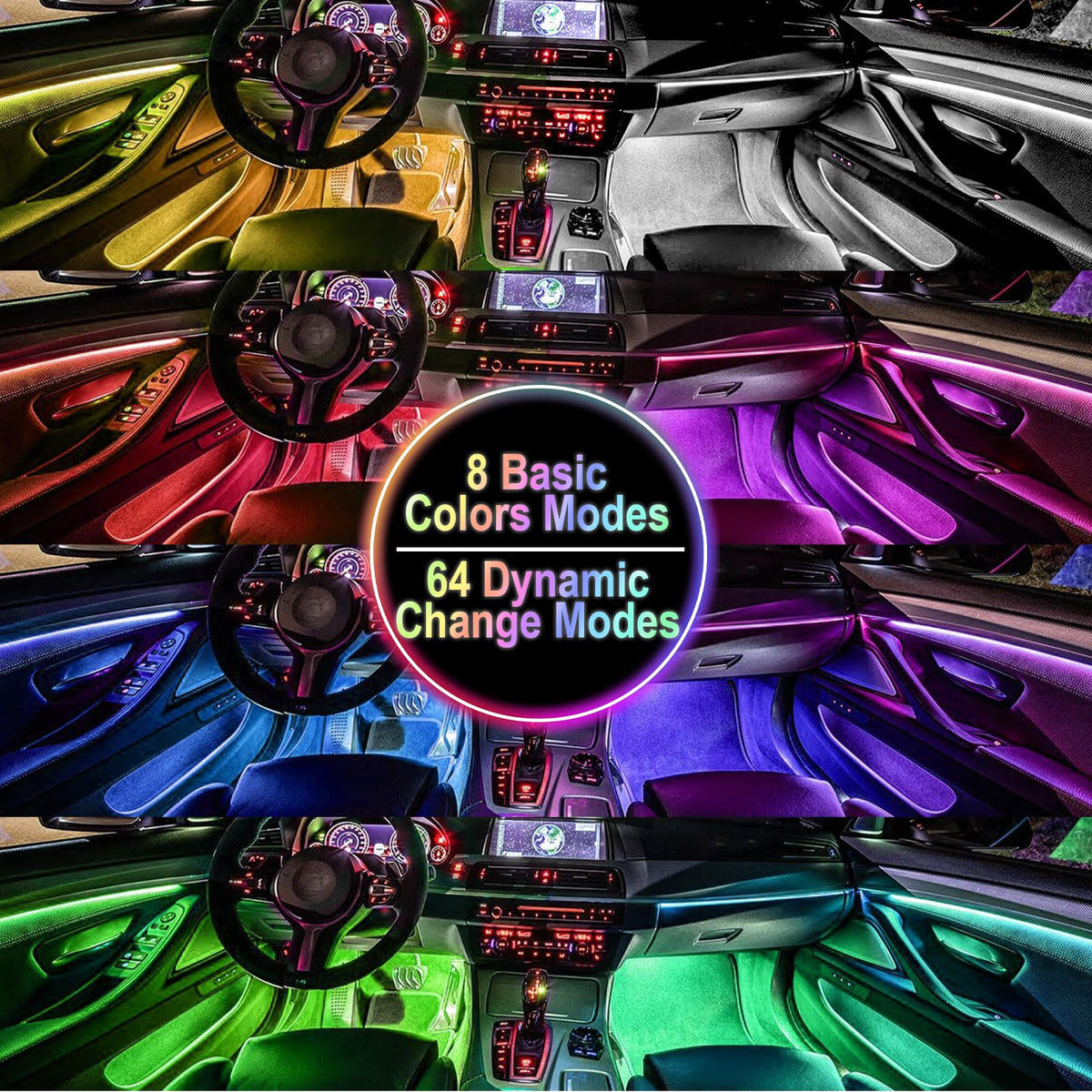 BFXM installed in car footwell creating colorful ambient lighting while driving