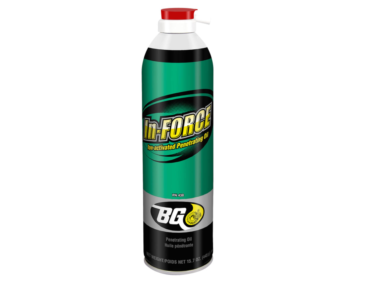 BG In-Force front canister spray showing label and nozzle, fast rust release