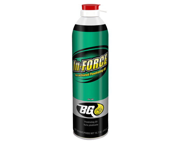BG In-Force front canister spray showing label and nozzle, fast rust release