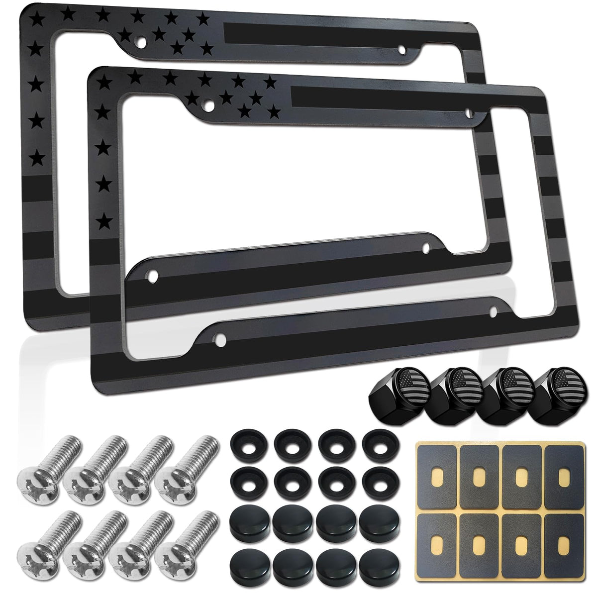 BGGTMO front view of American flag license plate frame showing slim profile and matte finish benefit
