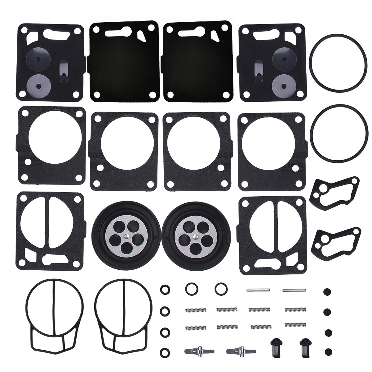 BH-Motor front packaging of twin carb rebuild kit showing contents and compatibility benefit
